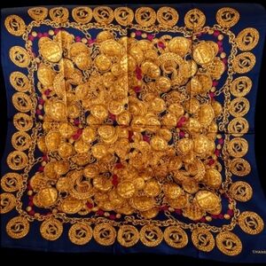 Chanel Vintage Gold Medallion and Blue Silk Scarf